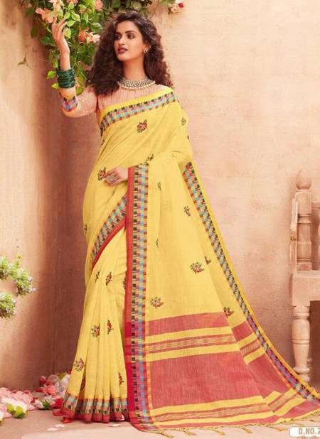 Yellow Colour STYLEWELL ANOKHI Fancy Designer Festive Wear Jacquard Linen Exclusive Embroidery Stylish Saree Collection 754